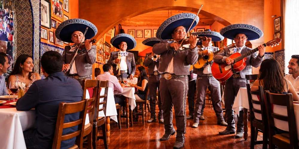 Mariachis durante una presentación en una tequilería tradicional