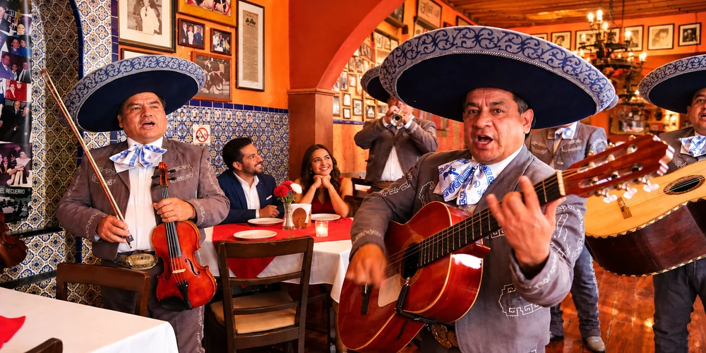 Serenata de mariachis en vivo dentro de un restaurante