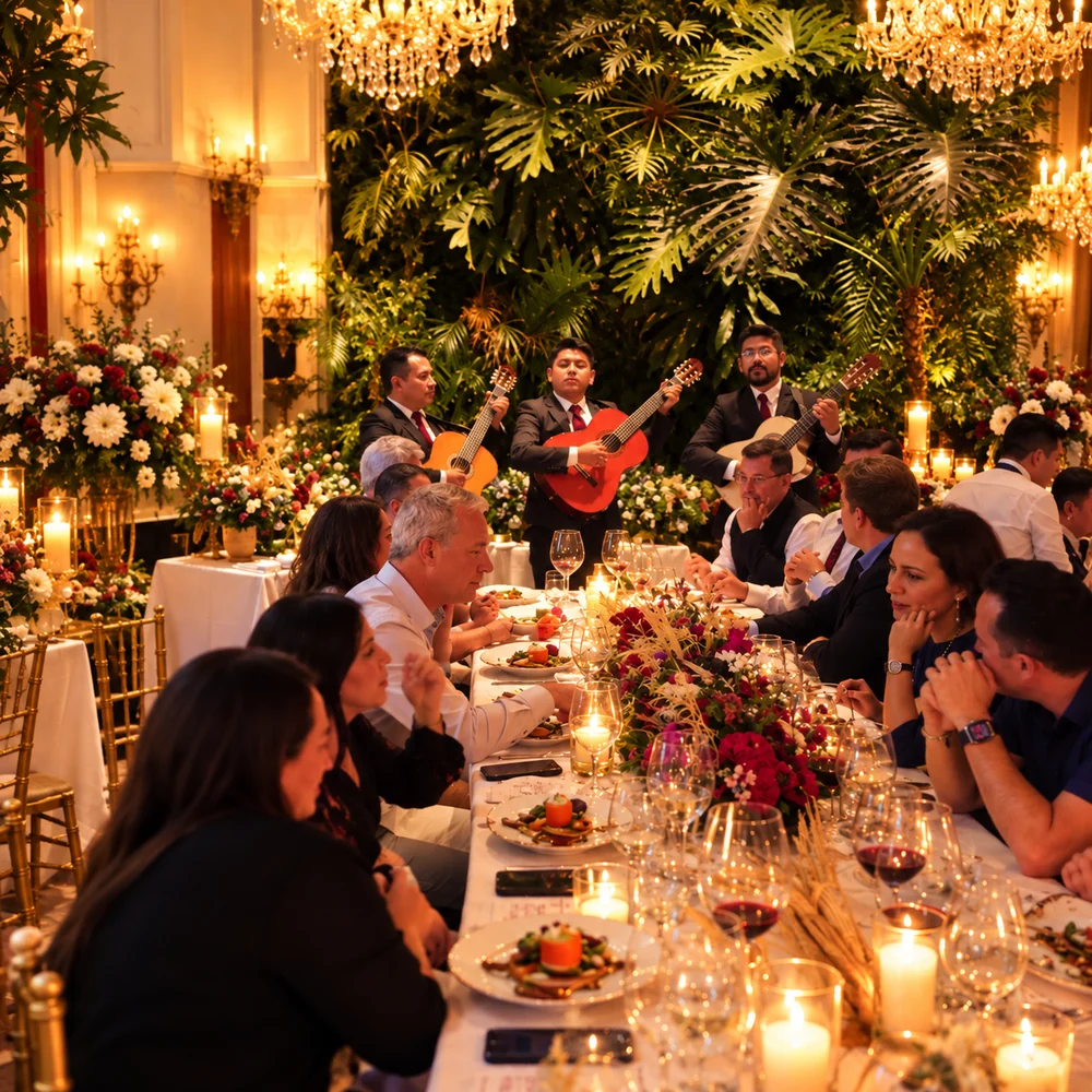 Trío musical con guitarras durante una cena elegante en un salón de celebraciones