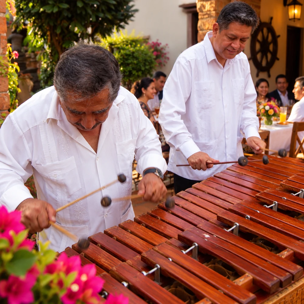 Marimbistas interpretando música en una reunión